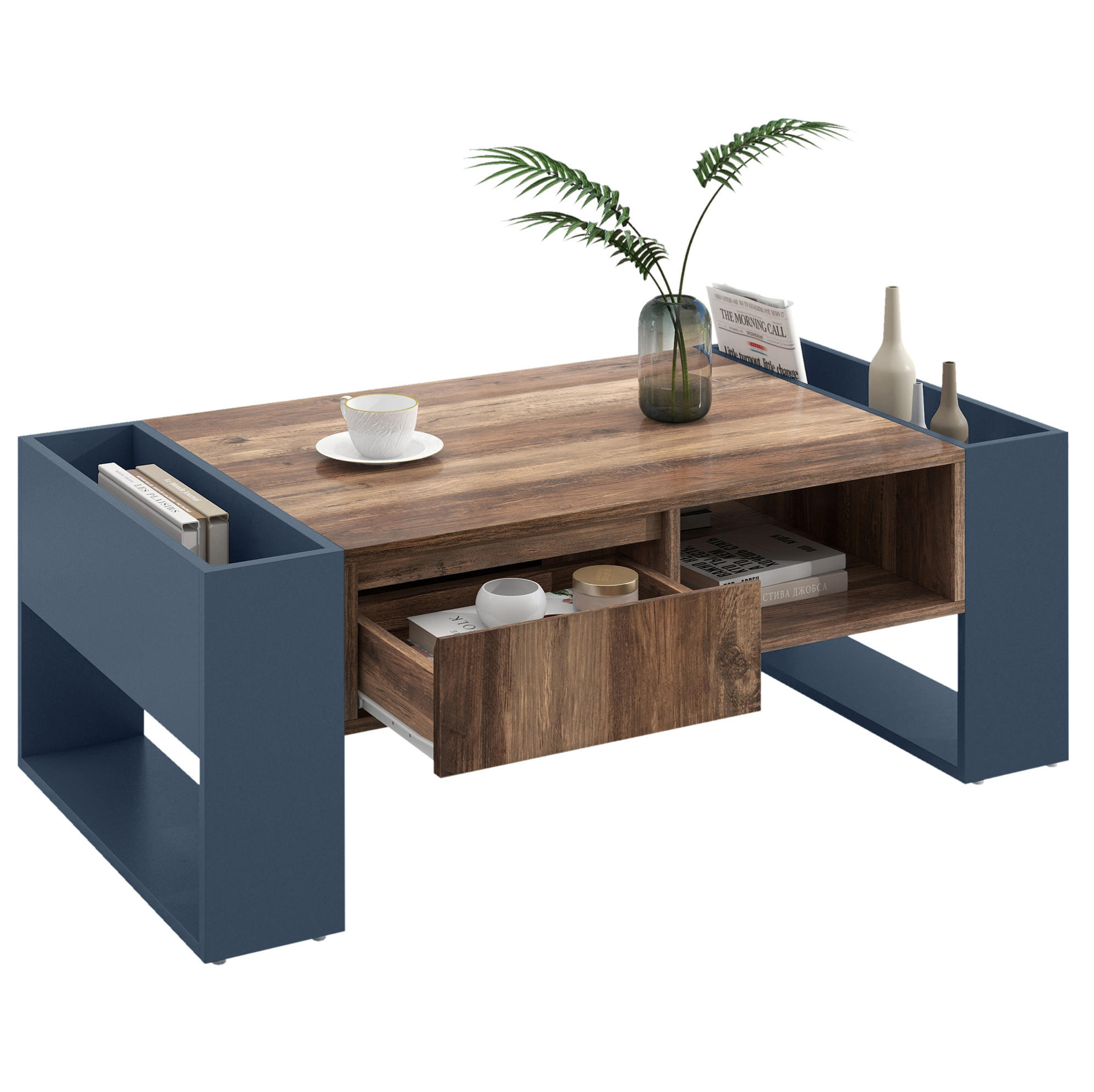 COUCHTISCH 111/60/40 cm mit Schublade und beidseitigem Stauraum - Schwarz, Holzwerkstoff (111/60/40cm) - Flora Grace