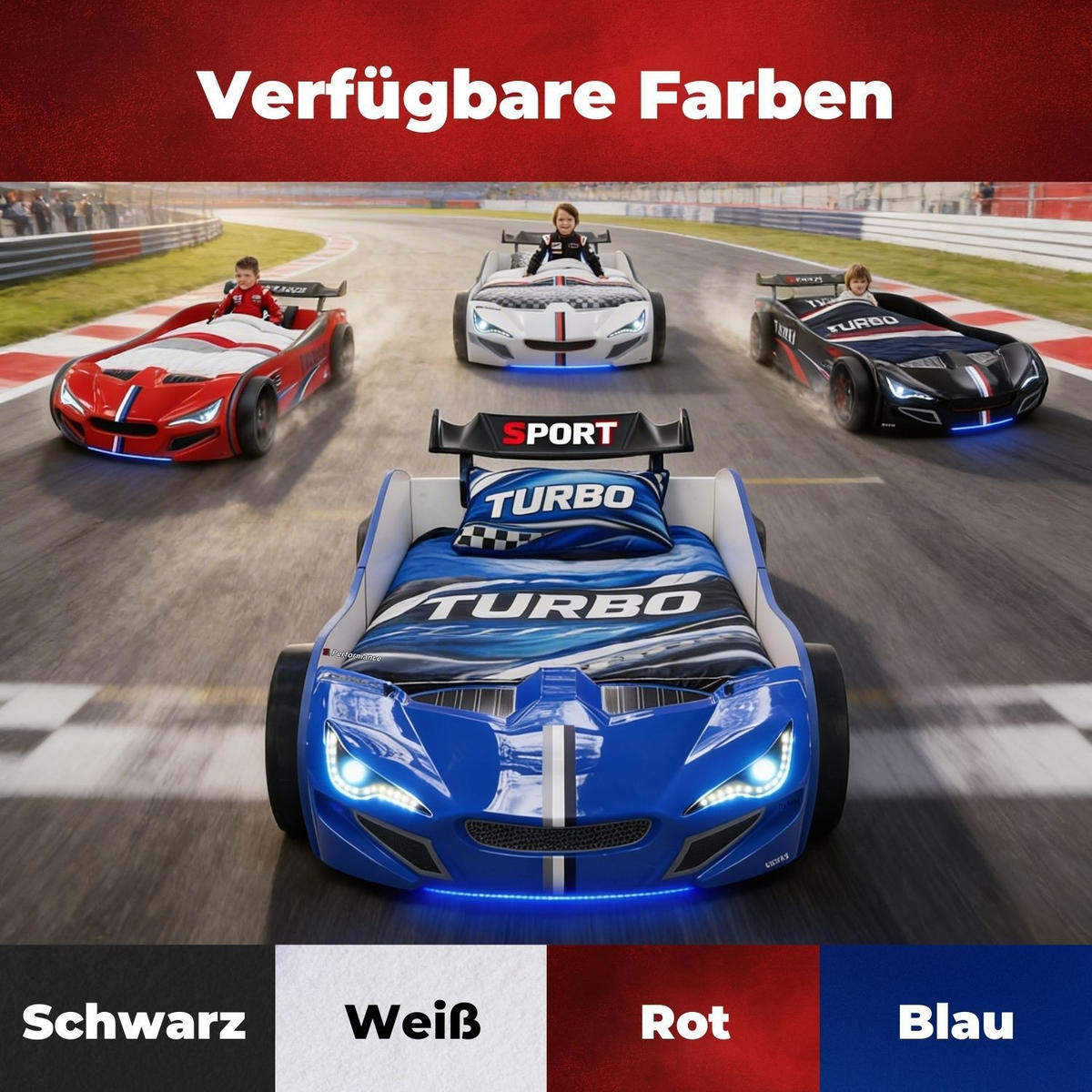 AUTOBETT GTE mit Rollrost, Licht und Sound Farbe Blau - Blau, Holzwerkstoff (90/200cm) - Coemo