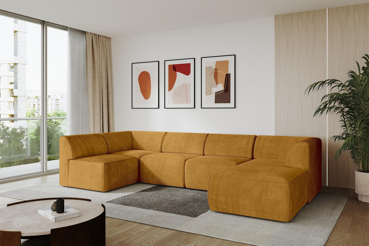 WOHNLANDSCHAFT Ottomane Rechts MOVO-L 345x180x78 cm Senffarbe Cord - Currygelb/Dunkelgelb, Holzwerkstoff/Kunststoff (345/78/180cm) - ALTDECOR
