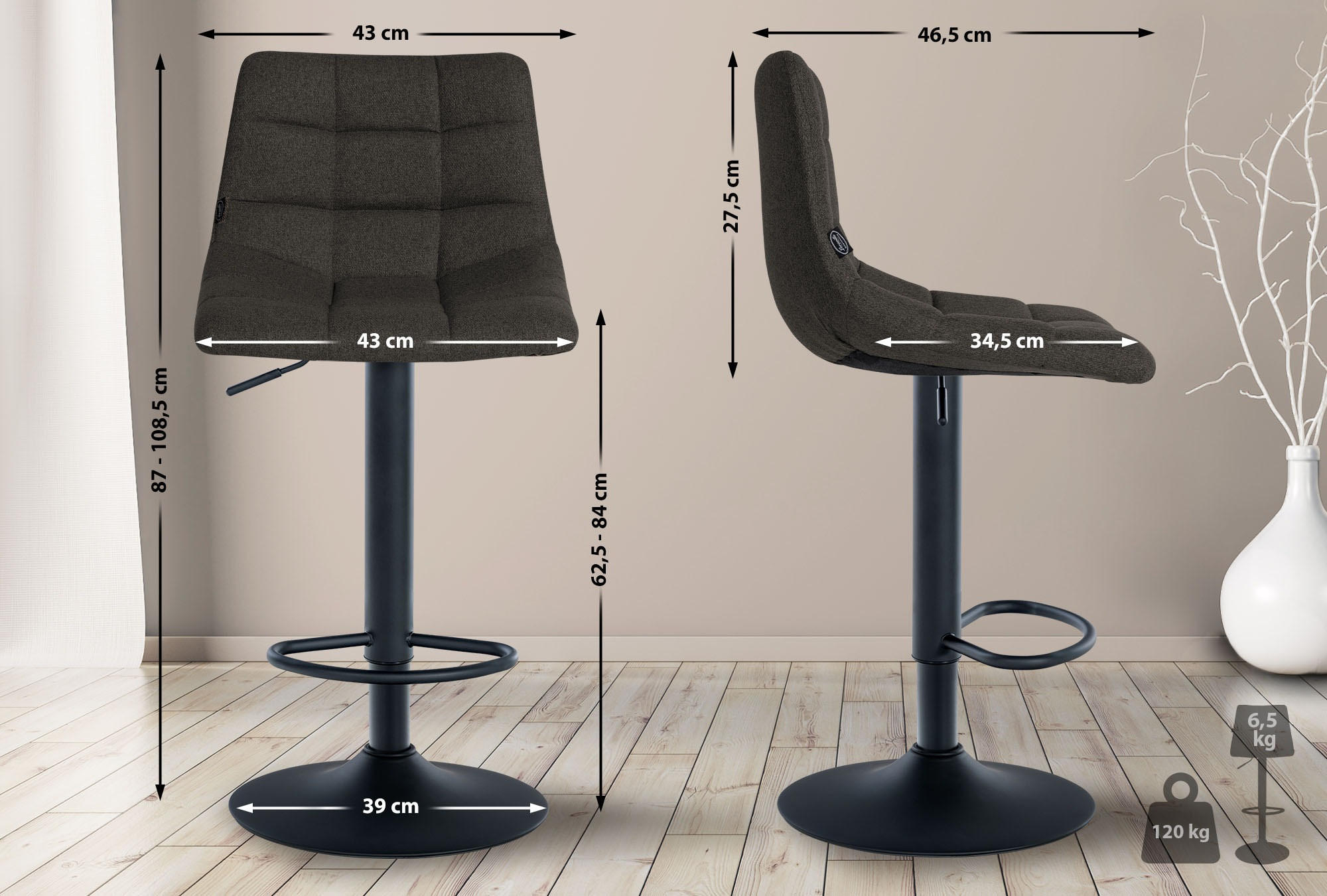 BARHOCKER 2er-Set DUBAI Dunkelgrau Stoff Schwarz - Dunkelgrau, Textil/Metall (43/87/46.5cm) - DELUKE