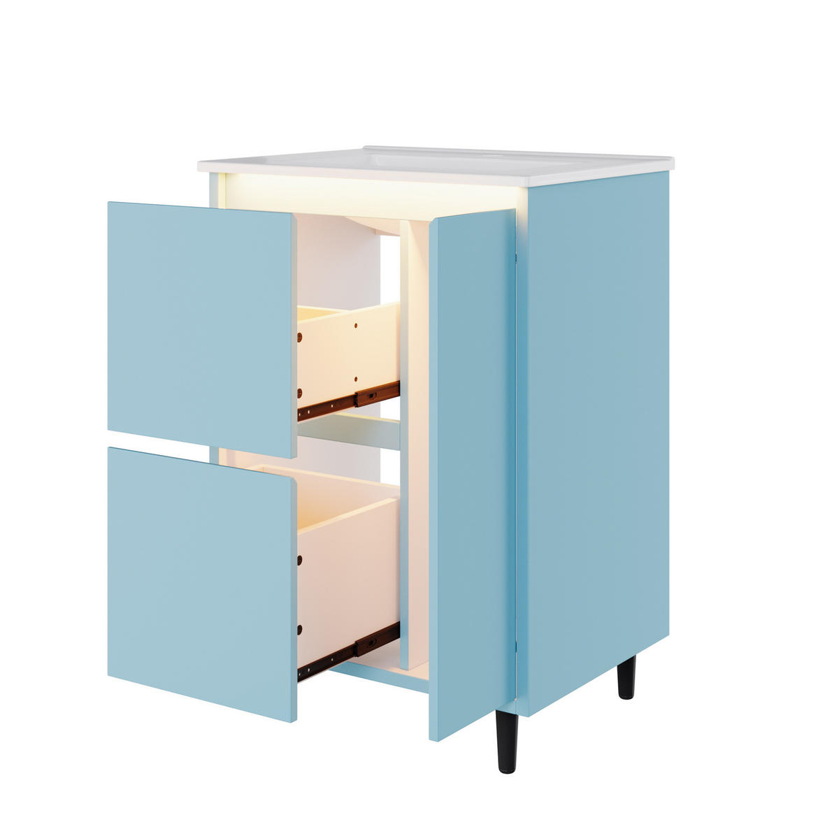 BADMÖBEL mit Waschtisch aus Keramik und MDF 61x46,5x87 cm Blau mit 2 Schubladen, Schrankfach und Soft-Close - Blau, Keramik (61/87/46.5cm) - Modfu