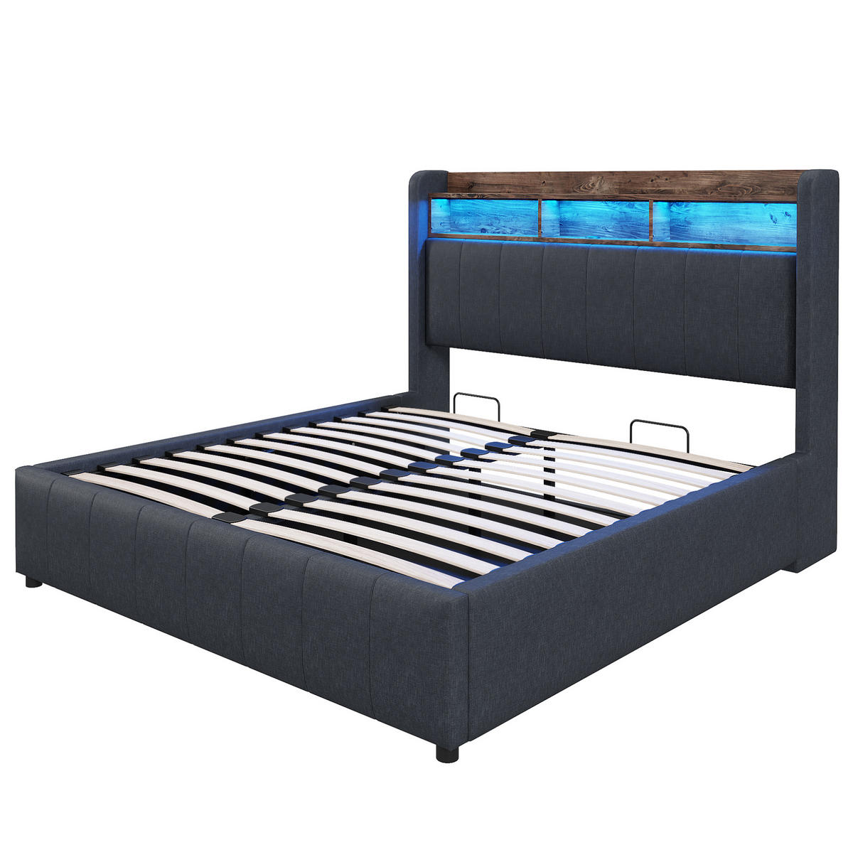 POLSTERBETT 140/200 cm mit LED-Beleuchtung, USB- und Typ-C-Anschluss, hydraulischem Stauraum und Leinenstoff, Grau - Grau, Textil (140/200cm) - Redom