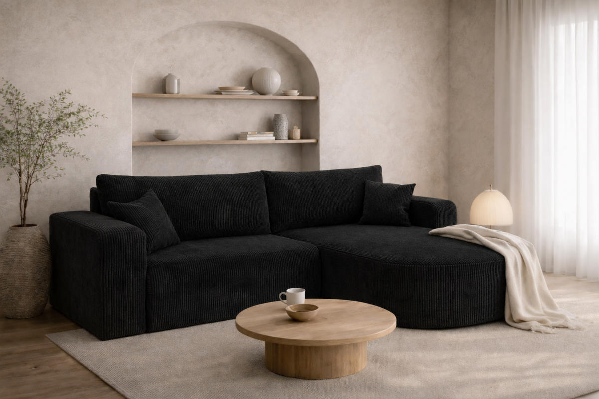 ECKSOFA Mit Schlaffunktion, Cordstoff Poso, Schwarz, Rechts, ROUND ONE - Schwarz, Holz (244/175cm) - Kaiser Möbel