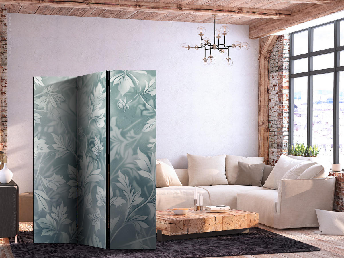 PARAVENT Beidseitig Bedruckter 3-tlg 135x172 cm Bl tter Ornamente - Blau, Holz/Textil (135/172/3cm) - Muralo