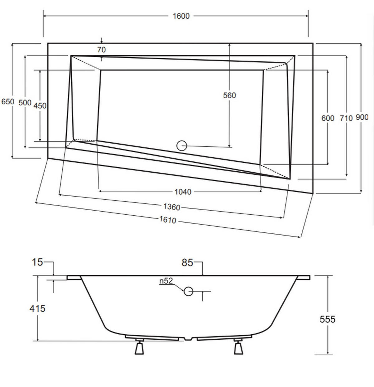 BADEWANNE Eckwanne INTIMA SLIM 160/90 Links mit Styro Ablauf Füße - Weiß, Kunststoff (90/55.5/160cm) - bad land
