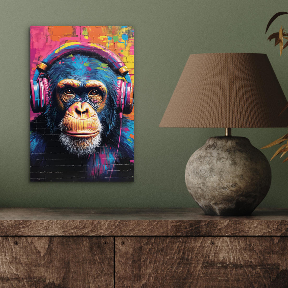 KOVOVÝ OBRAZ Graffiti - Šimpanz - Street art - Slúchadlá - Opica 20x30 cm - modrá, kov (20/30cm) - MuchoWow