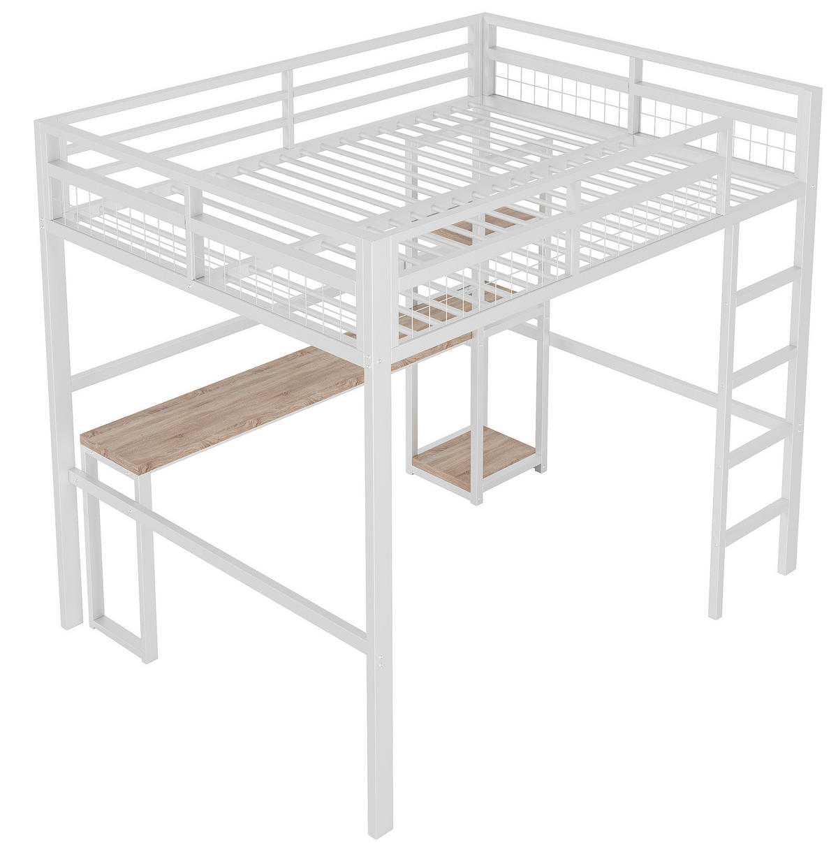 VISOKI krevet 140/200 cm s policama, stolom, USB i Type-C utičnicom, zaštitnom ogradom i ljestvama, Bijeli - bijela, metal (140/200cm) - Redom