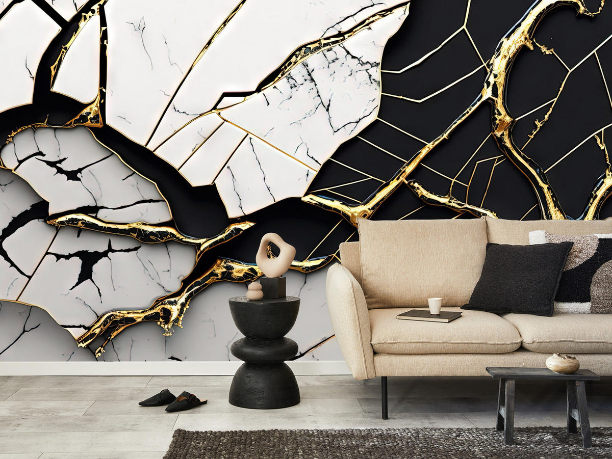 FOTOTAPETER für Badezimmer Abstrakter Marmor Goldene Verzierung 250x175 - Schwarz/Weiß, Papier (250/175cm) - Muralo