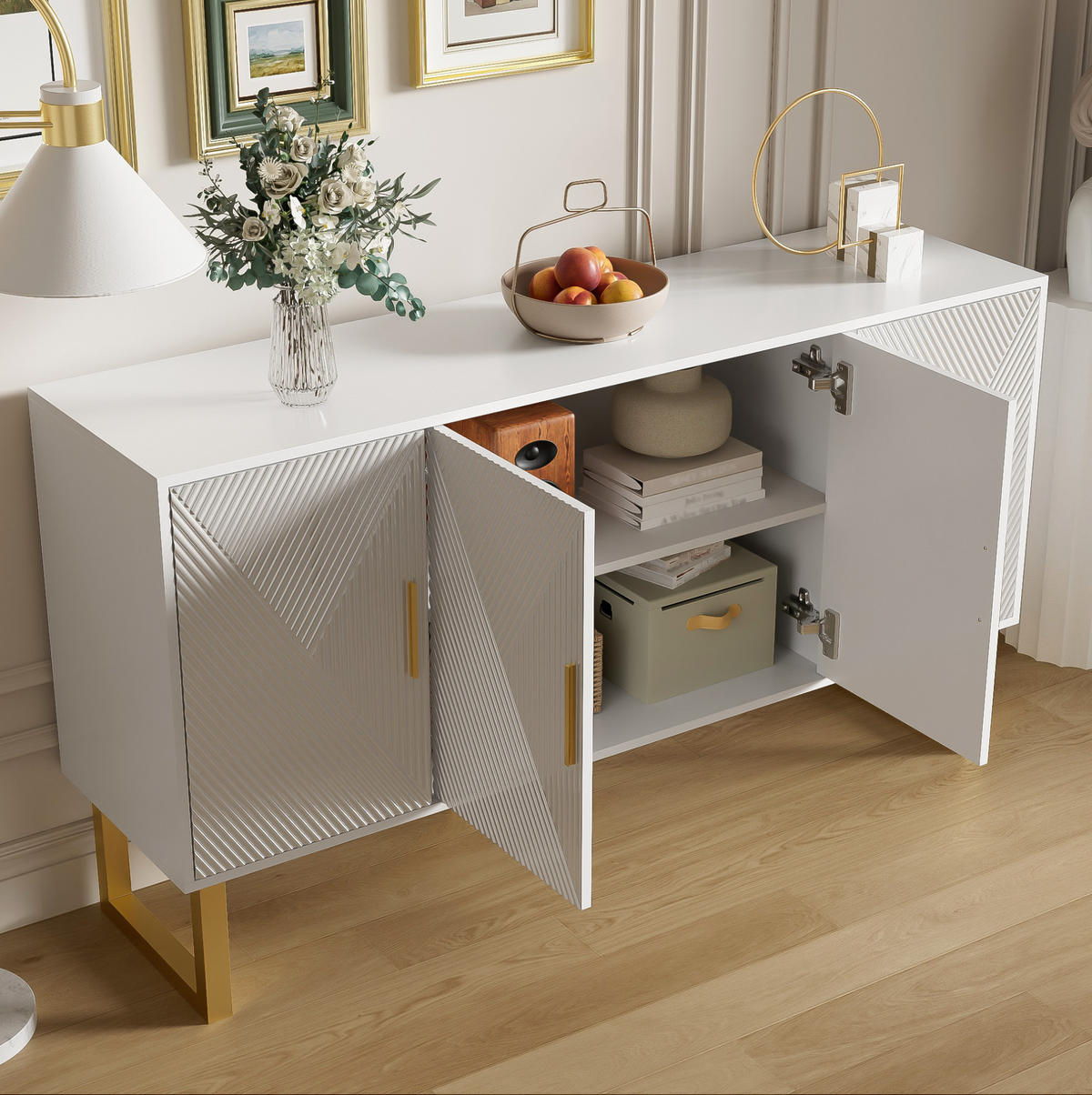SIDEBOARD 4-türig 150 x 40 x 82 cm Weiß mit verstellbaren Regalböden - Weiß, Holzwerkstoff (150/82/40cm) - Meubliv