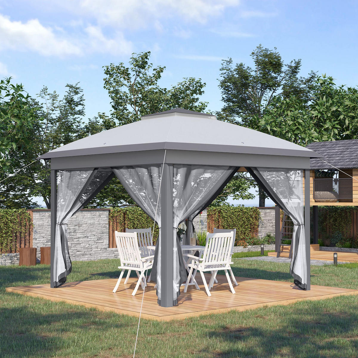 FALTPAVILLON, Gartenpavillon, Metall und Stoffplane, Netzvorhänge, Entwässerungslöcher, 330L x 330B x 288H cm, Grau - Grau, Metall (330/288/330cm)