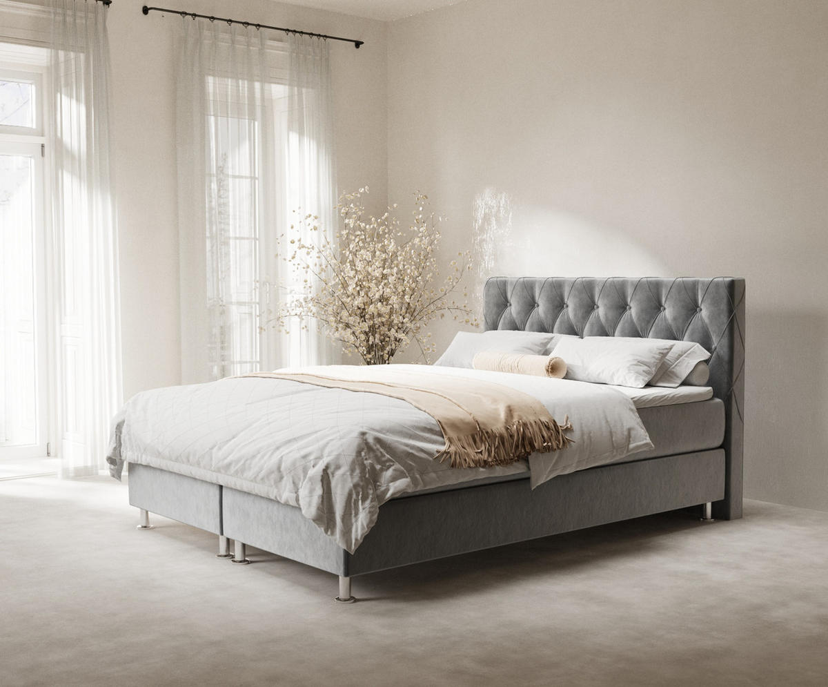 BOXSPRINGBETT Otus Grau 180/200 cm mit Latex-Topper - Silberfarben/Grau, Holz/Holzwerkstoff (180/200cm) - Maison de Reve