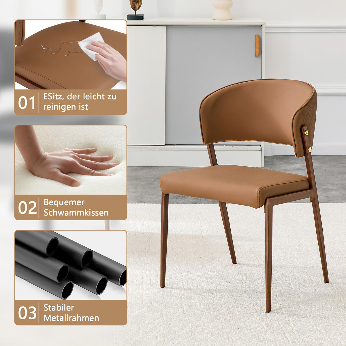 STUHL-SET DE-36689 2 Stück mit Kunstlederbezug und Metallgestell Braun - Braun, Metall (49/78/51cm) - ComfortXL