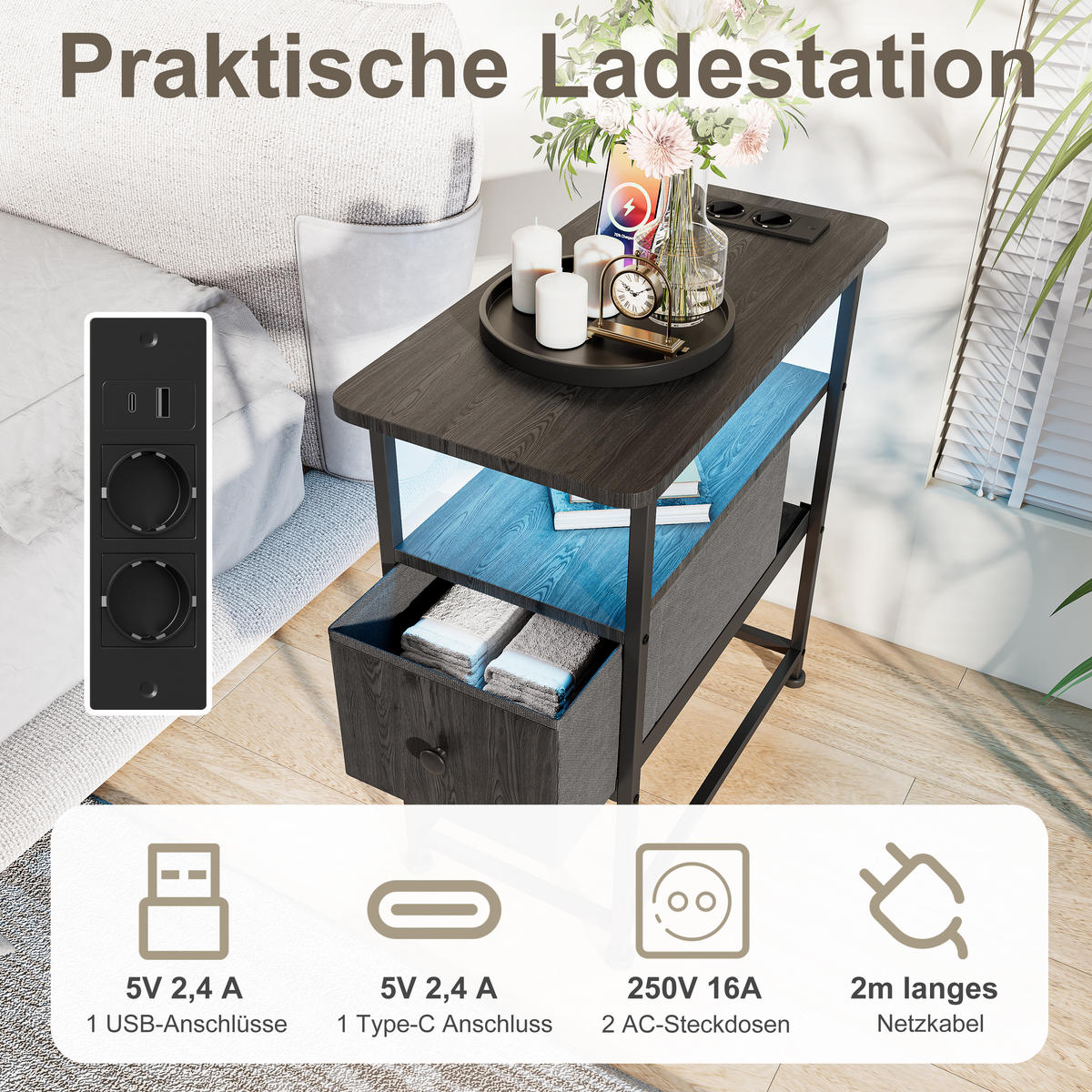 NATTDUKSBORD Svart LED USB 1 Låda - Svart, Metall (30/62/60cm) - SHOPENTRA