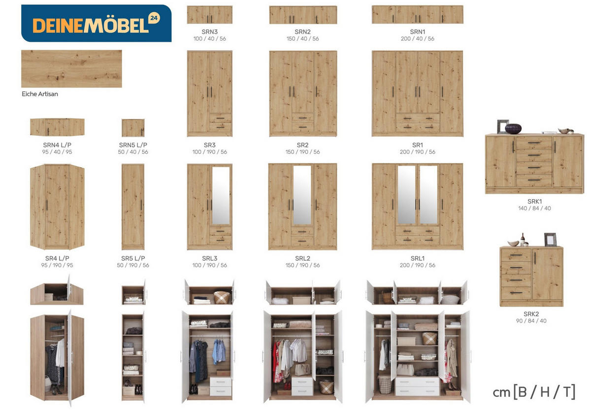 KLEIDERSCHRANK SAM SR3 2-türig 100 / 190 / 56 cm Eiche Artisan - Eiche Artisan, Holzwerkstoff (100/190/56cm) - Deine Möbel 24