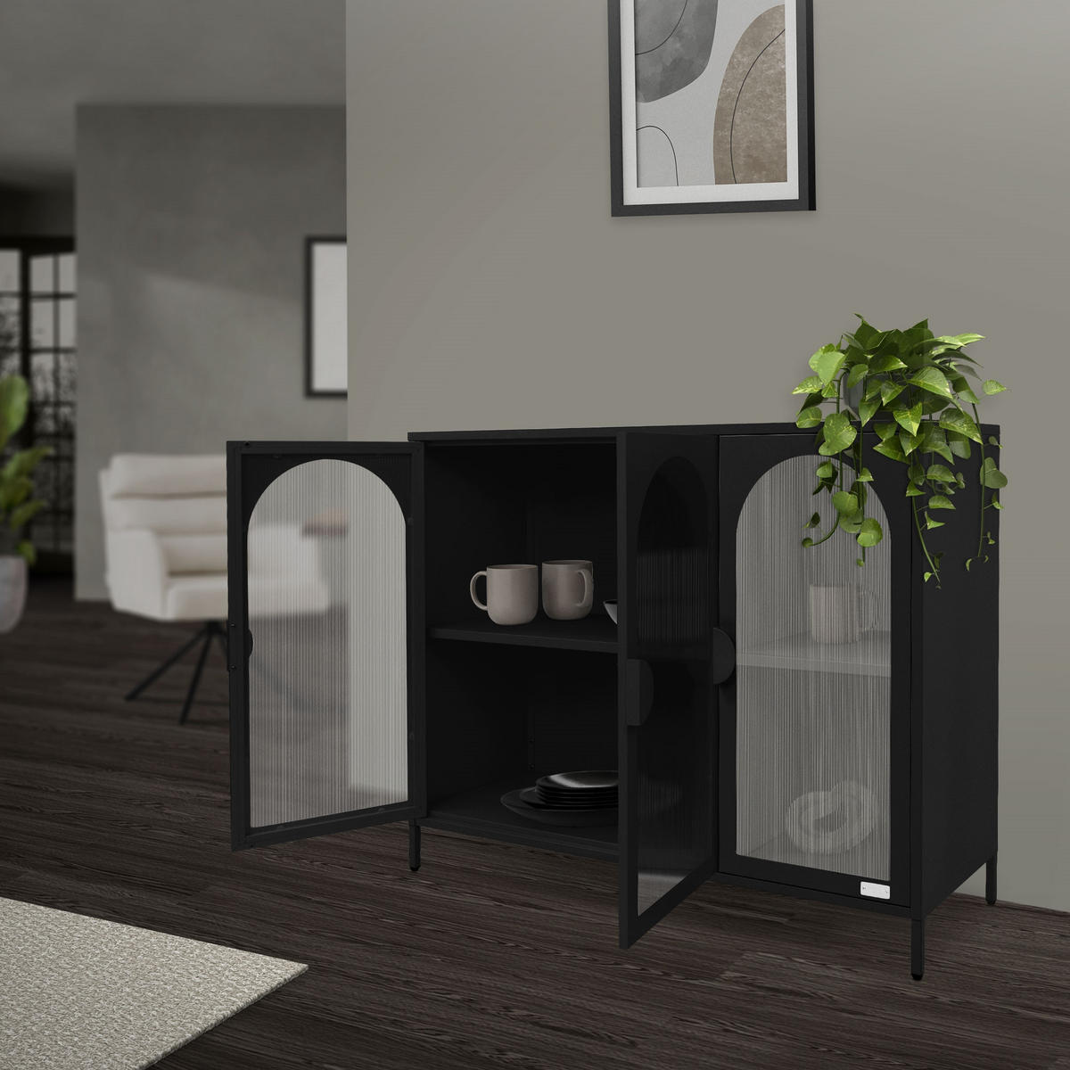 VITRINENSCHRANK aus Stahl 120x93x40 cm Schwarz mit 3 Türen - Schwarz, Metall (120/93/40cm) - ML-DESIGN