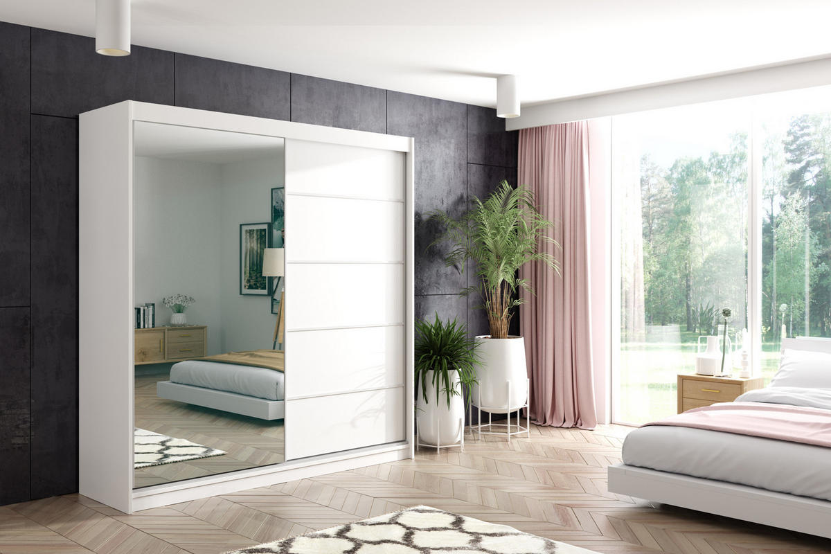 KLEIDERSCHRANK mit Spiegel-Schiebetüren und Aluminium-Leisten, LED-Beleuchtung - MAKI - 200 cm Weiß - Weiß, Holzwerkstoff (200/216/61cm) - ALTDECOR