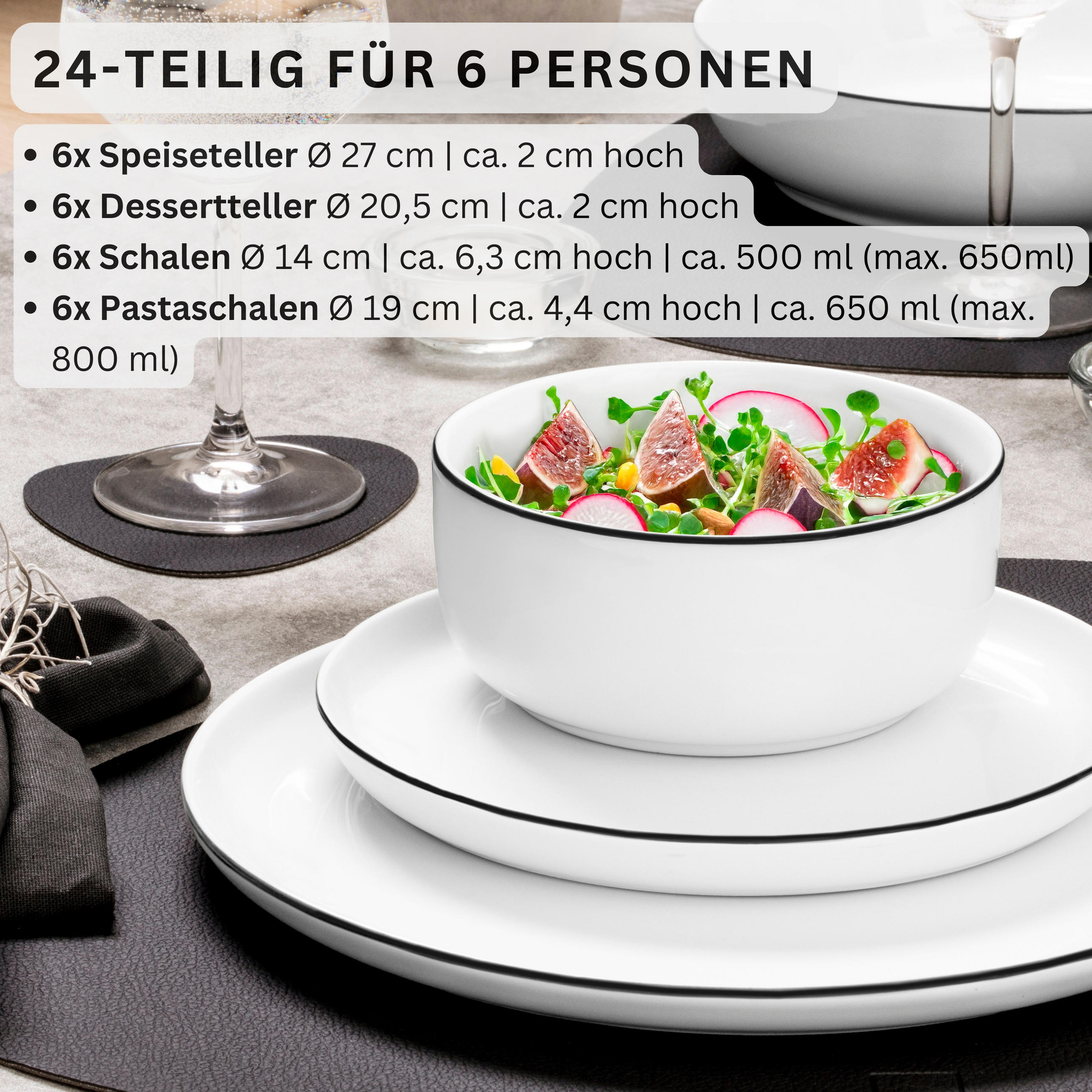 TAFELSERVICE MARLO BLACK RIM - 24 teilig aus Porzellan - Weiß, Keramik (27/8.2/27cm) - Sänger