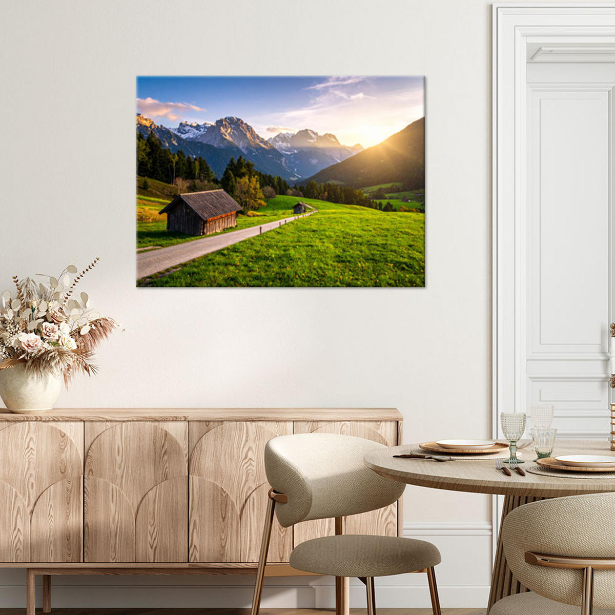 LEINWANDBILD Hütte in den Bergen Landschaft 120x80cm - Grün, Textil (120/80cm) - Feeby