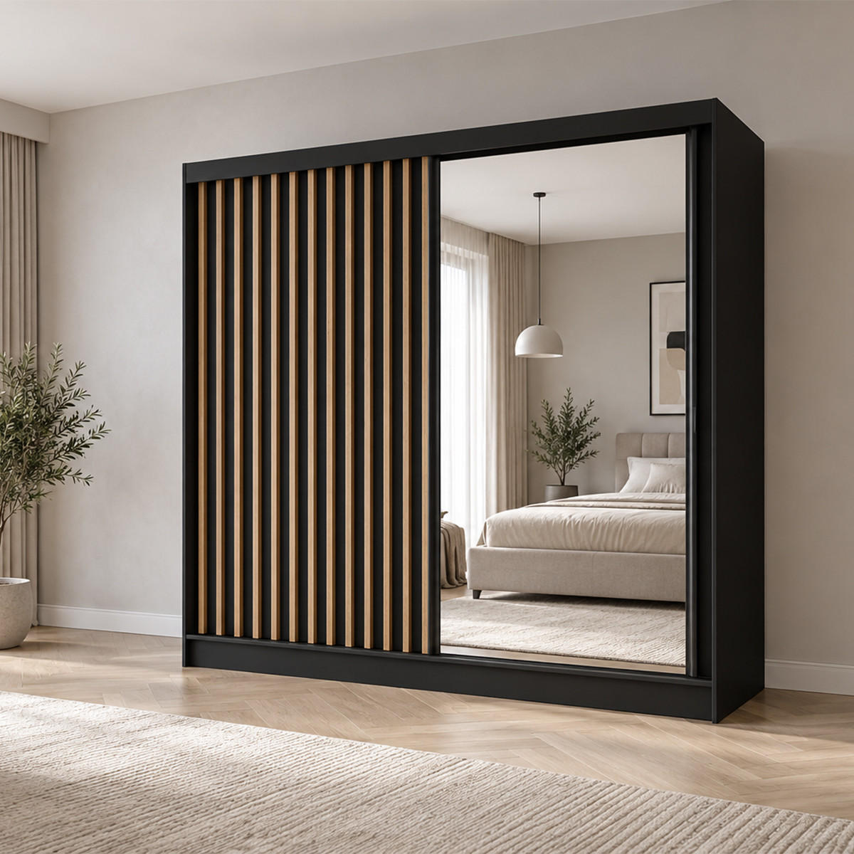 KLEIDERSCHRANK Lumil 200 cm Schwarz Spiegel Griffe silber - Schwarz, Holzwerkstoff (200/216/61cm) - KS Home Concept