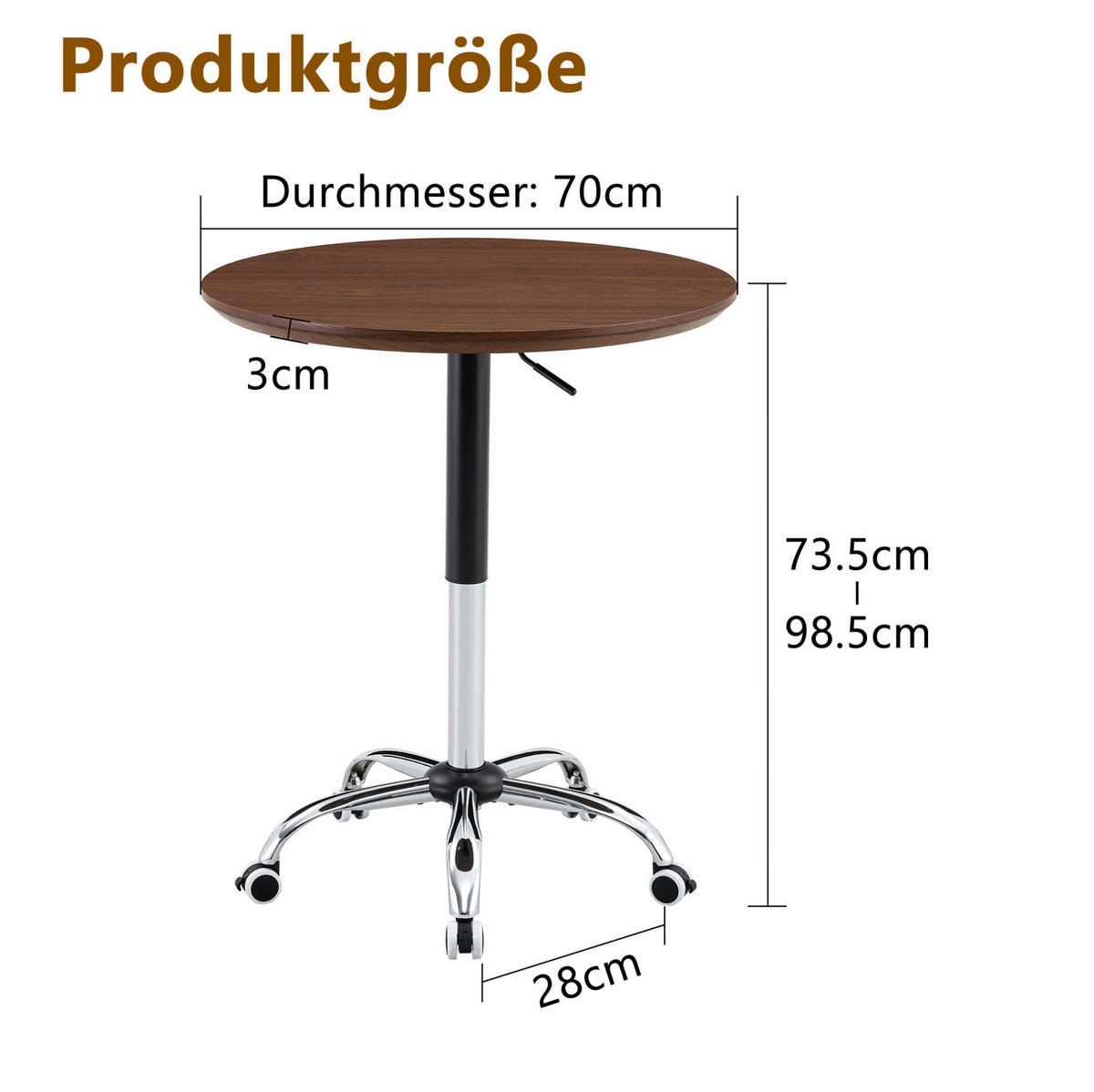BEISTELLTISCH aus MDF und Metall 70x70x73,5-98,5 cm Nussbaumfarben höhenverstellbar und rollbar mit leisen Rollen - Walnussfarben, Holzwerkstoff (70/70/73.5cm) - Modfu