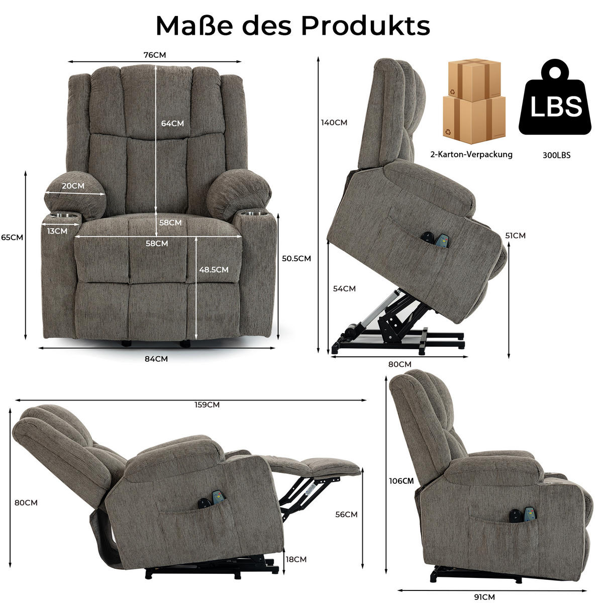RELAXSESSEL Samt mit Aufstehhilfe, Massage, Wärmefunktion 91/84/106 cm Hellbraun - Hellbraun, Textil (84/106/91cm) - Redom