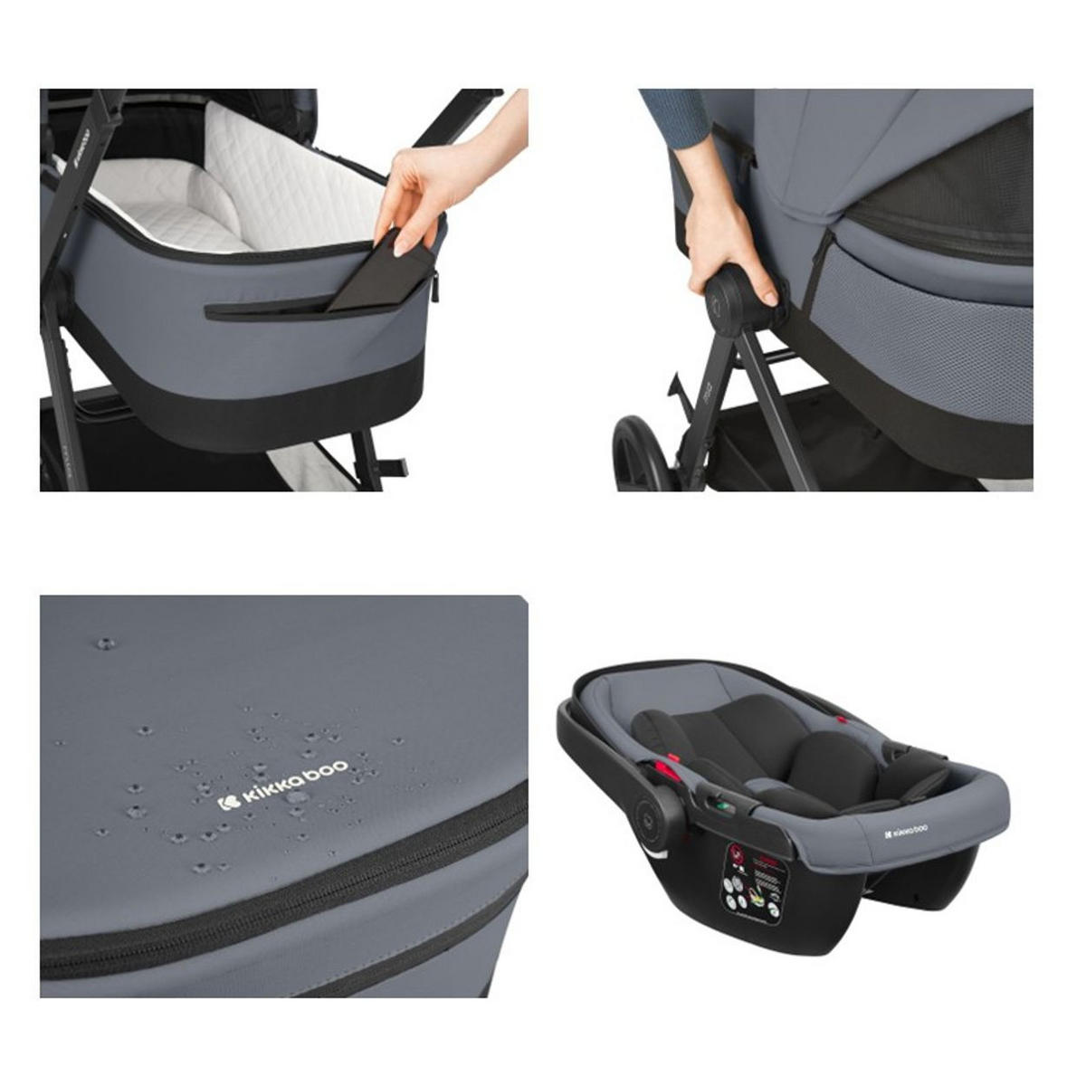 KOMBIKINDERWAGEN Mia 3 in 1 grau Babywanne Babyschale Wickeltasche Matratze - Grau, Metall (72/53/99cm) - Kikka boo
