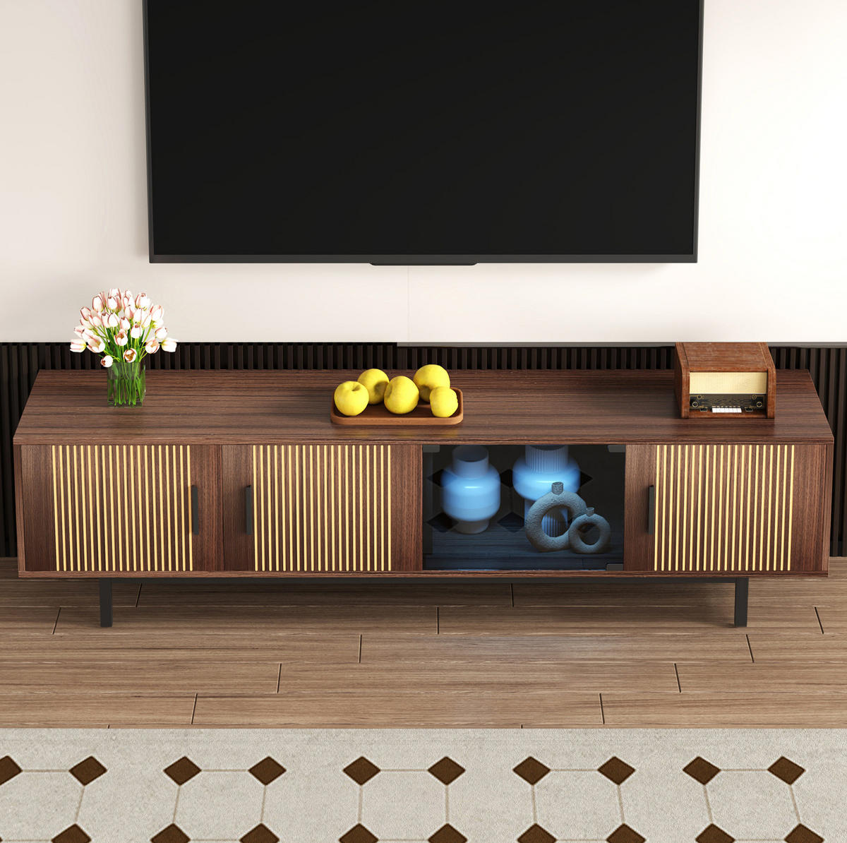 LOWBOARD 200/35/53 cm aus MDF und Spanplatte mit LED-Lichtleiste Schwarz/Walnussbraun - Schwarz, Holzwerkstoff (200/53/35cm) - Modenvie