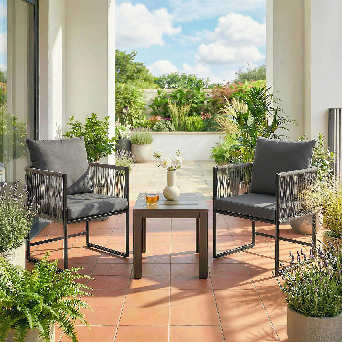 GARTENSTUHL 2er Set wetterfest Gartenstühle aus Stahl PE-Rattan mit Kissen Armlehne Rückenlehne 52x52x66 cm Dunkelgrau - Dunkelgrau, Metall (52/66/52cm)