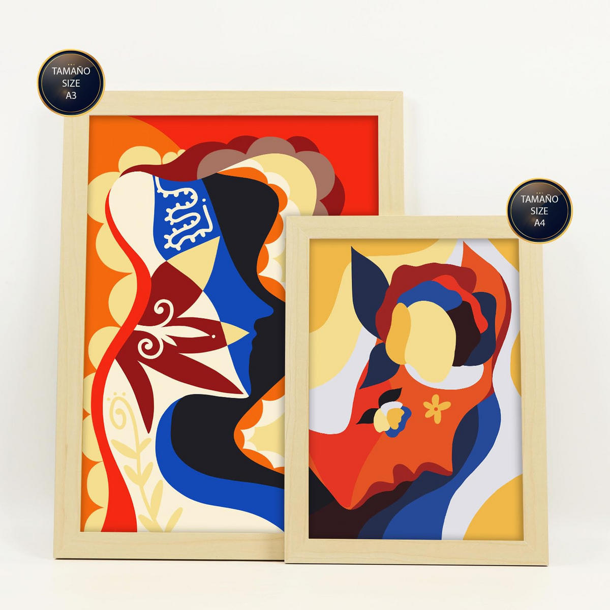 POSTER Set Mit 6 Rococo Arts 2 In Weibliche Zusammenfassung Ästhetische Dekorative Gemälde Für Ihr Wohnzimmer Zuhause A3 & A4 Rahmen Aus Hellem Holz - Beige, Papier (29/3cm) - Nacnic
