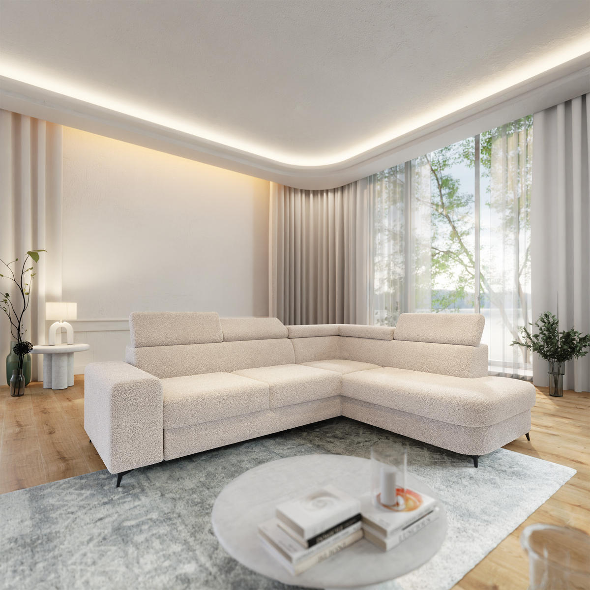 ECKSOFA ALVORO R-S Creme Boucle-Stoff mit Schlaffunktion - Creme, Holz (253/190cm) - MASSENO