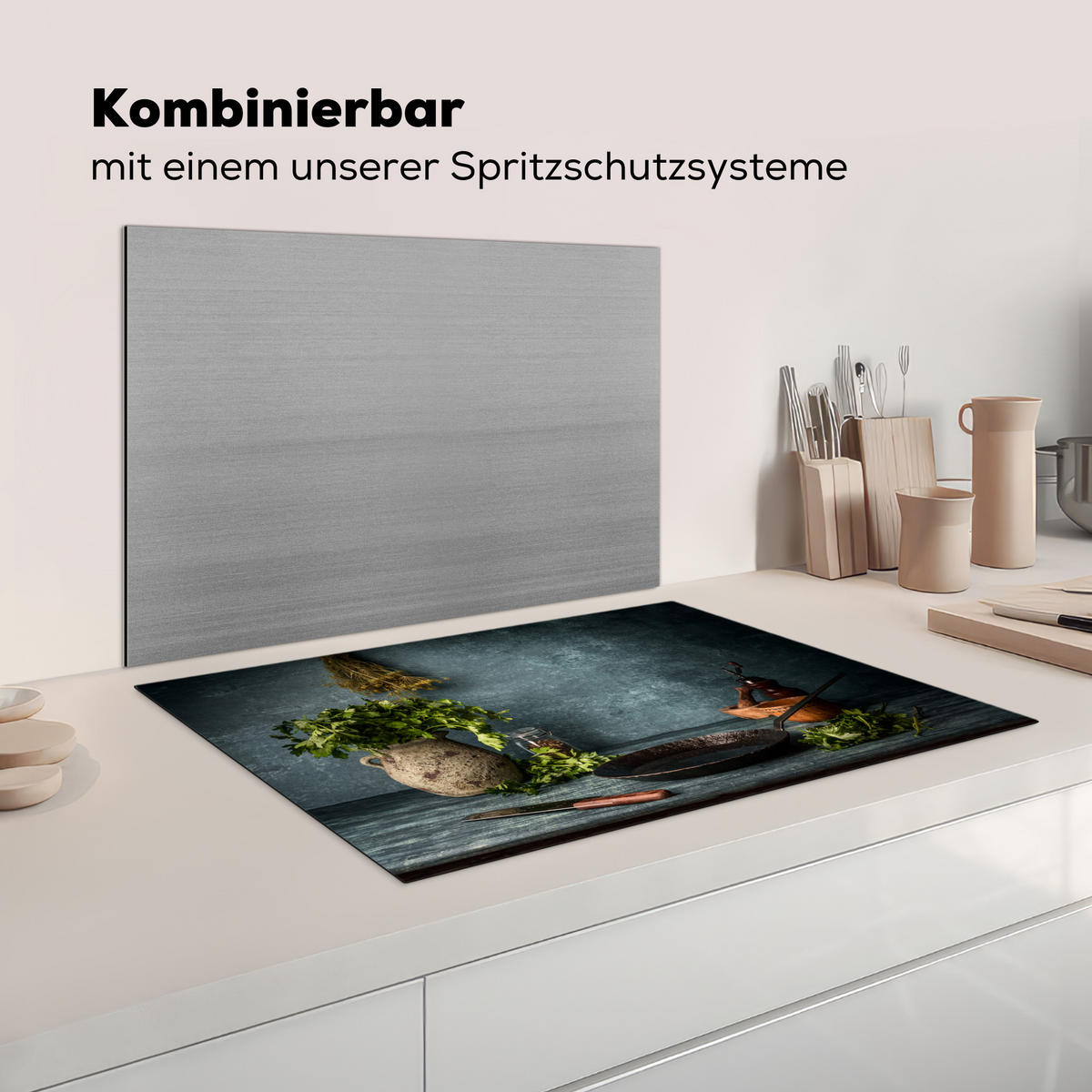 HERDABDECKPLATTE Kräuter - Gewürze - Pfanne - Messer - Grau - Rustikal Ceranfeldabdeckung 76x51.5 cm - Petrol, Kunststoff (76/51.5/0.2cm) - MuchoWow