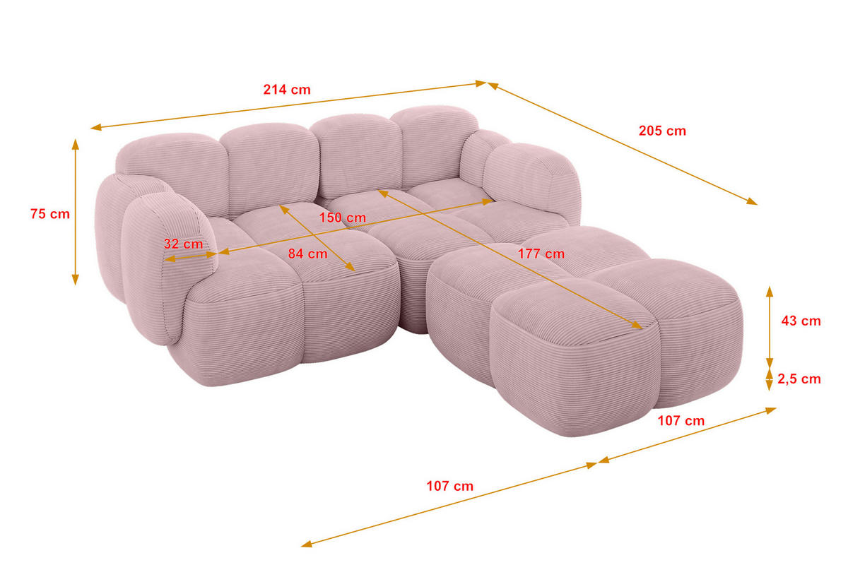 ECKSOFA modulares Sofa Rechts Miko-L1 214x205x75 Rosa Cord - Schwarz/Rosa, Holzwerkstoff/Kunststoff (214/205cm) - ALTDECOR