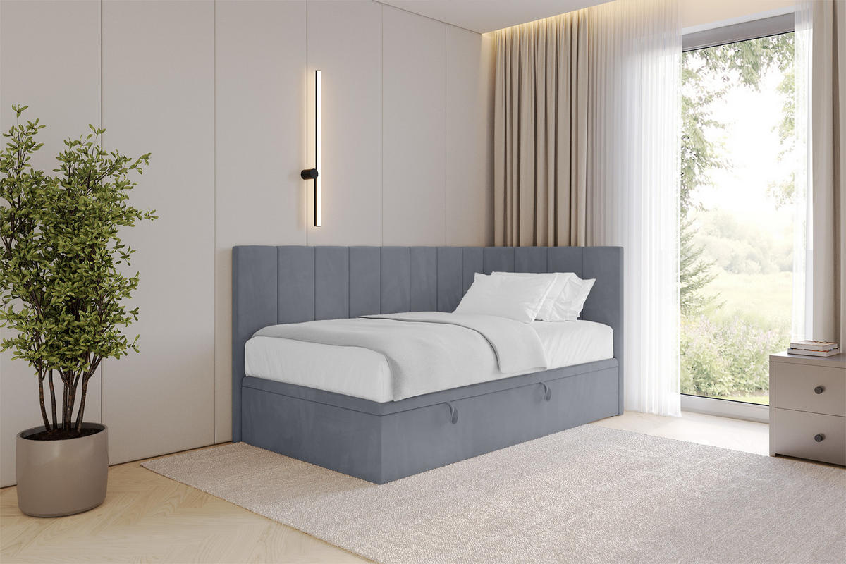 EINZELBETT Jugendbett mit Bettkasten Links, ohne Matratze - LOVY 90x200 Grau - Grau, Holzwerkstoff/Textil (90/200cm) - ALTDECOR
