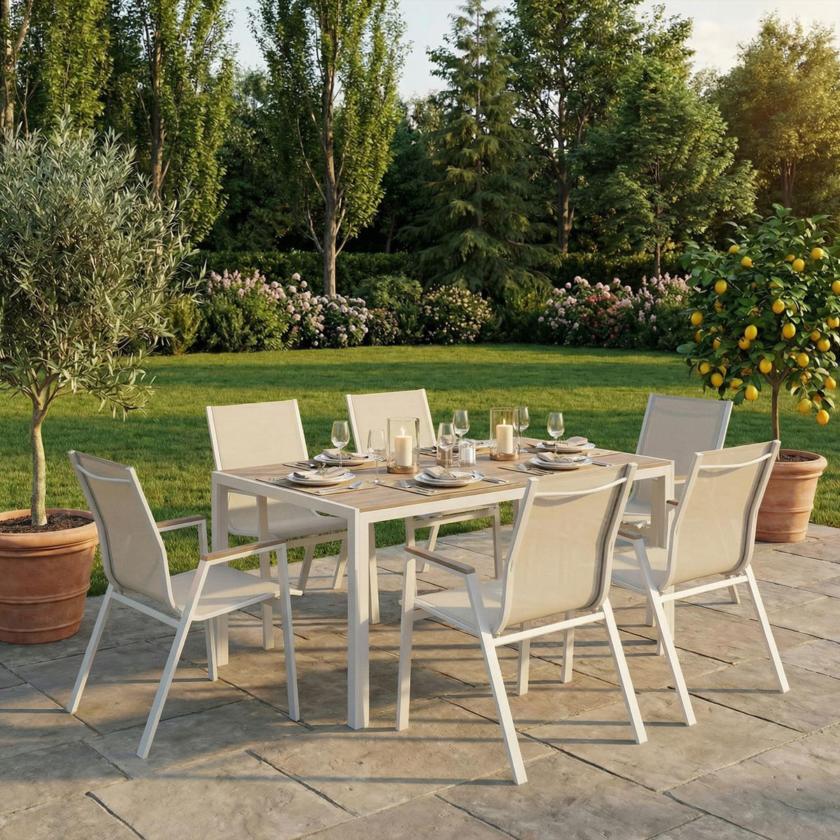 GARTENMÖBEL SET MONDELLO 7er Set beige, weiß - Beige, Metall - IDIMEX