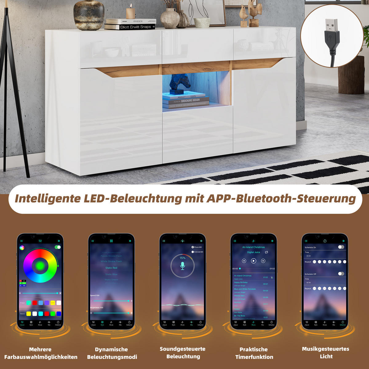 SIDEBOARD LED Weiß Holz 4 Schubladen 2 Fächer 140x40x70cm - Weiß, Holzwerkstoff (40/70/140cm) - FLIEKS