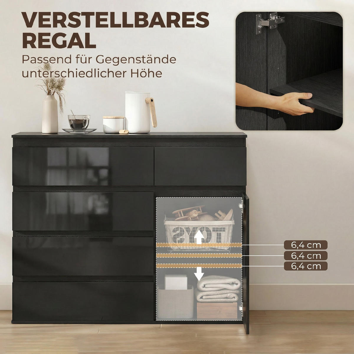 SIDEBOARD Schwarz Hochglanz mit 5 Schubladen und Soft-Close-Tür - Schwarz, Holzwerkstoff (100/80/40cm) - PANGIVO