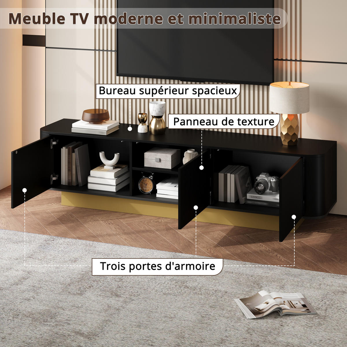TV-LOWBOARD 200 cm aus MDF, Holzoptik, 3 Türen, Stauraum, abgerundet, Kabelmanagement, Schwarz - Schwarz, Holzwerkstoff (200/47/40cm)