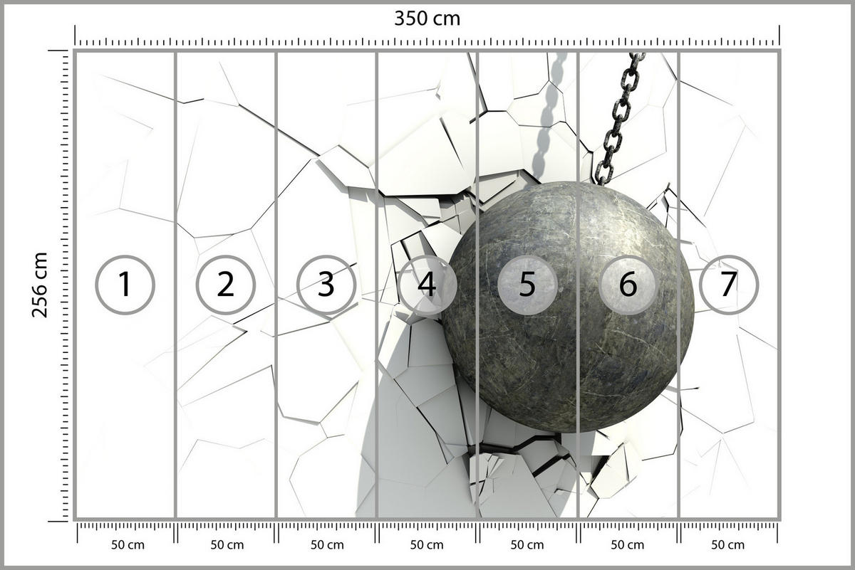 FOTOTAPETE für Büro Metallkugel Riss Weiße Wand 350x256 - Weiß/Grau, Papier (350/256cm) - Muralo