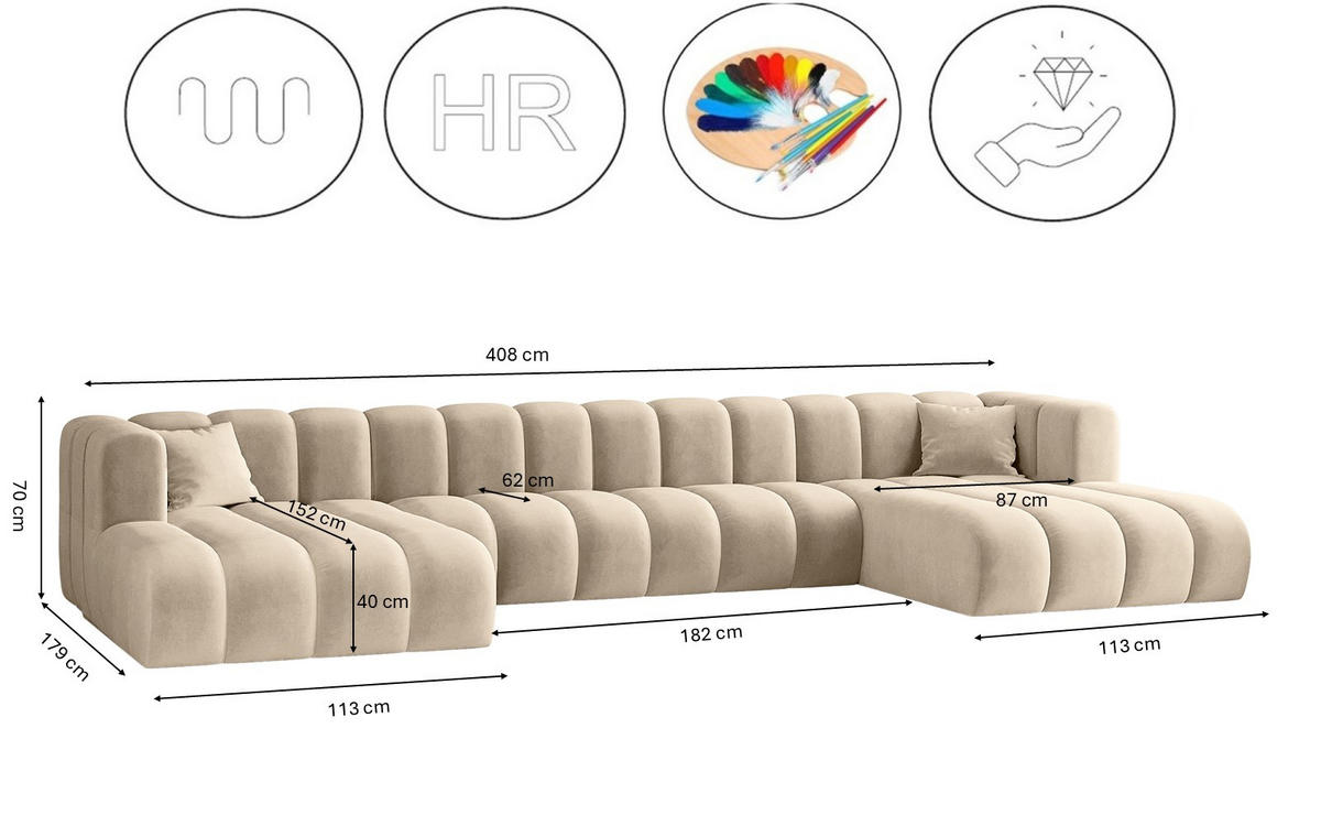 ECKSOFA, U-from, Sofa Grand U XL modular stoff Salvador Hellgrau - Ecru, Holz (179/408cm) - Kaiser Möbel