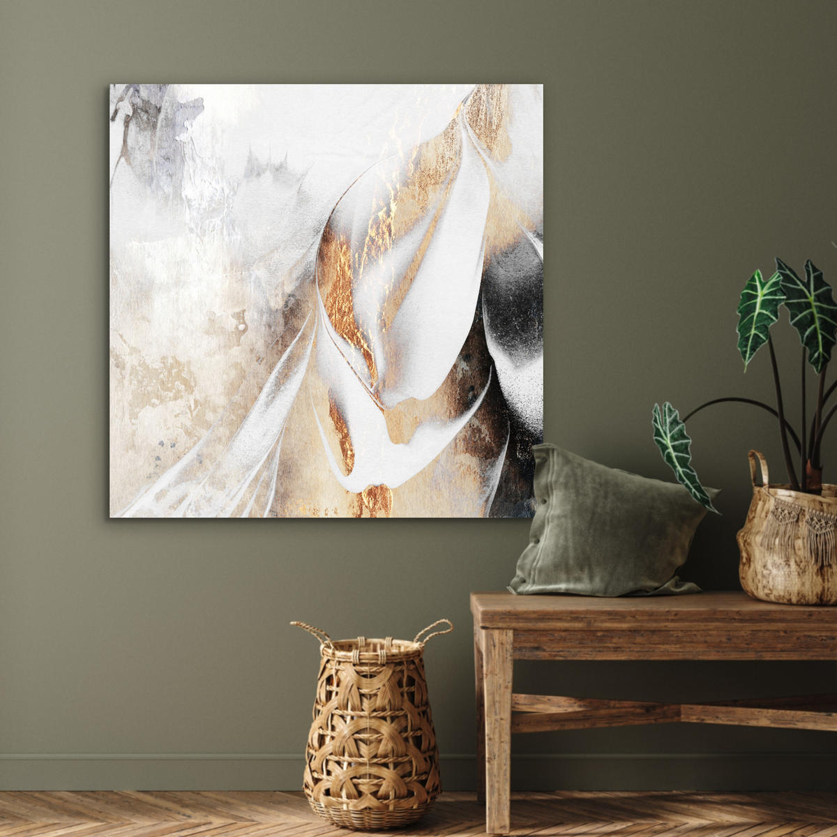 KOVOVÝ OBRAZ Luxusné - abstraktné - zlaté - biele 90x90 cm - zlatá, kov (90/90cm) - MuchoWow