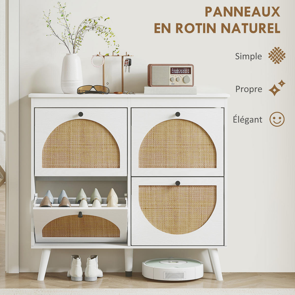 SCHUHSCHRANK DE-15022 4 Klapptüren in Rattan-Optik Weiß - Weiß, Holzwerkstoff (105/97.5/24cm) - ComfortXL