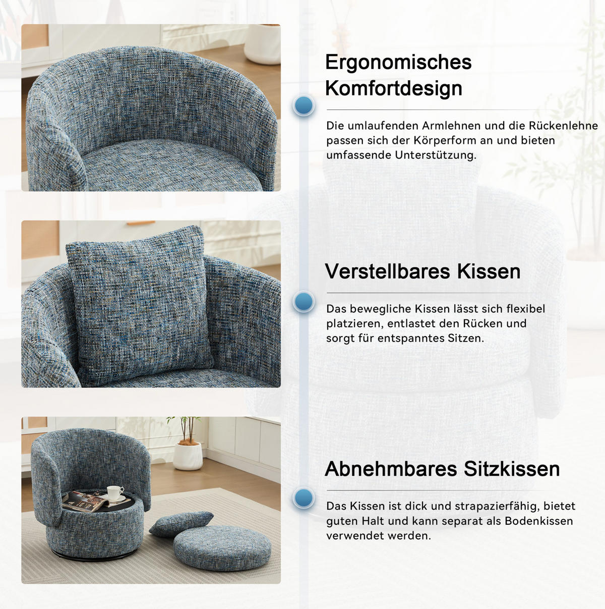 DREHSESSEL 72/66,5/76 cm aus Chenille mit 360°-Drehfunktion und Stauraum - Blau, Textil (66.5/76/72cm) - BEAOK
