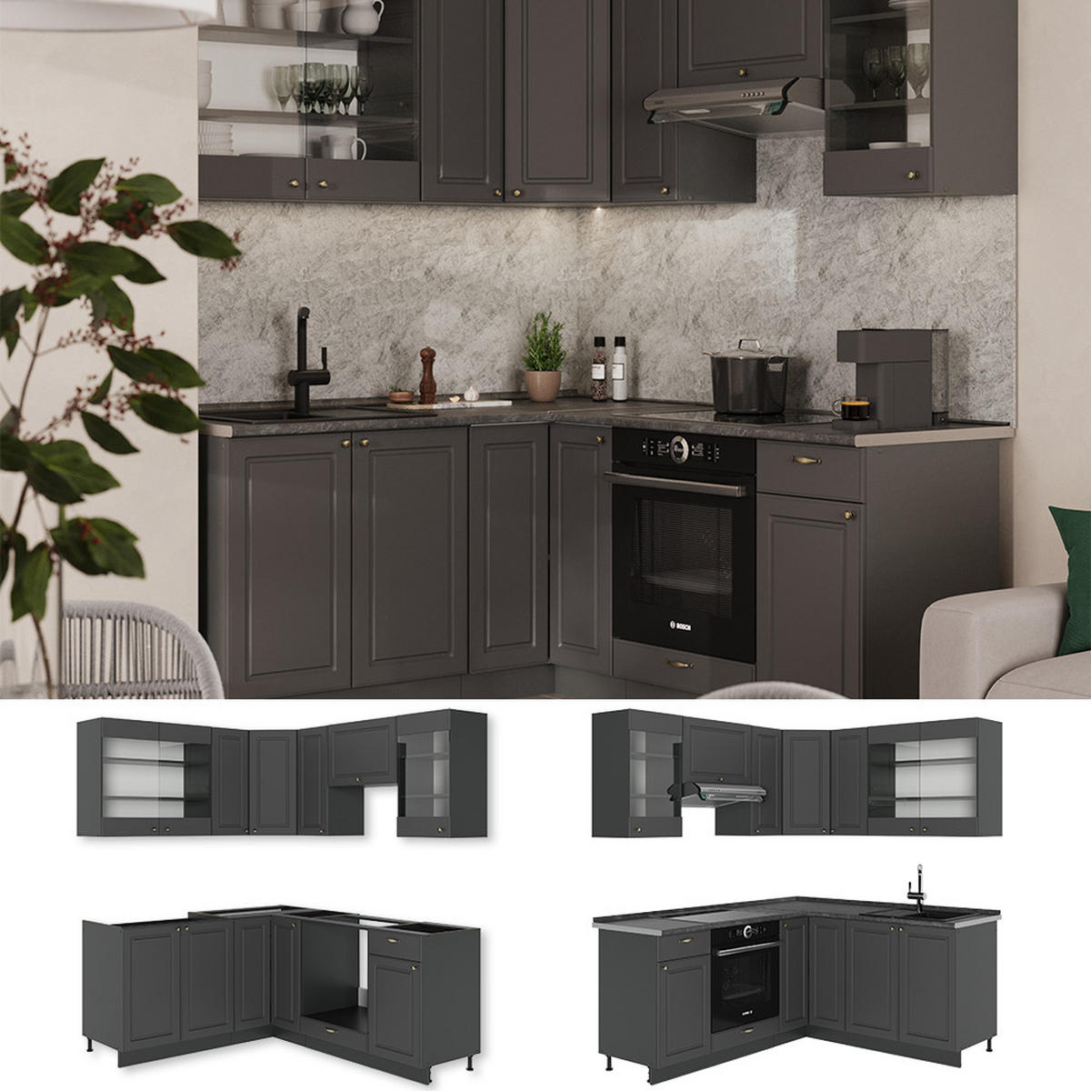 ROHOVÁ KUCHYŇ Fame-Line Anthrazit-Gold Landhaus - antracitová, kompozitní dřevo (190/81.6/60cm) - Vicco