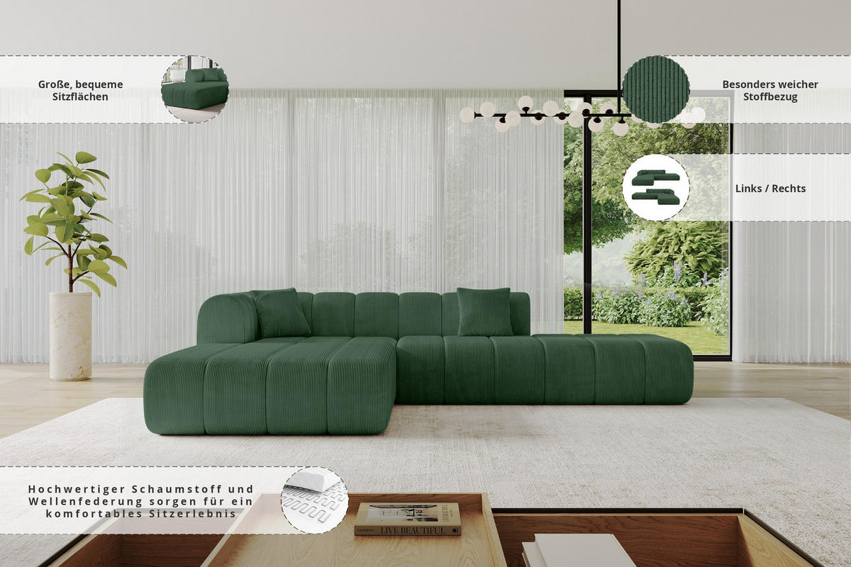 ROHOVÁ SEDAČKA s otomanem, levá BILA-L 289x176x71 Zelená Manšestr - černá/zelená barva, kompozitní dřevo/textil (176/289cm) - ALTDECOR