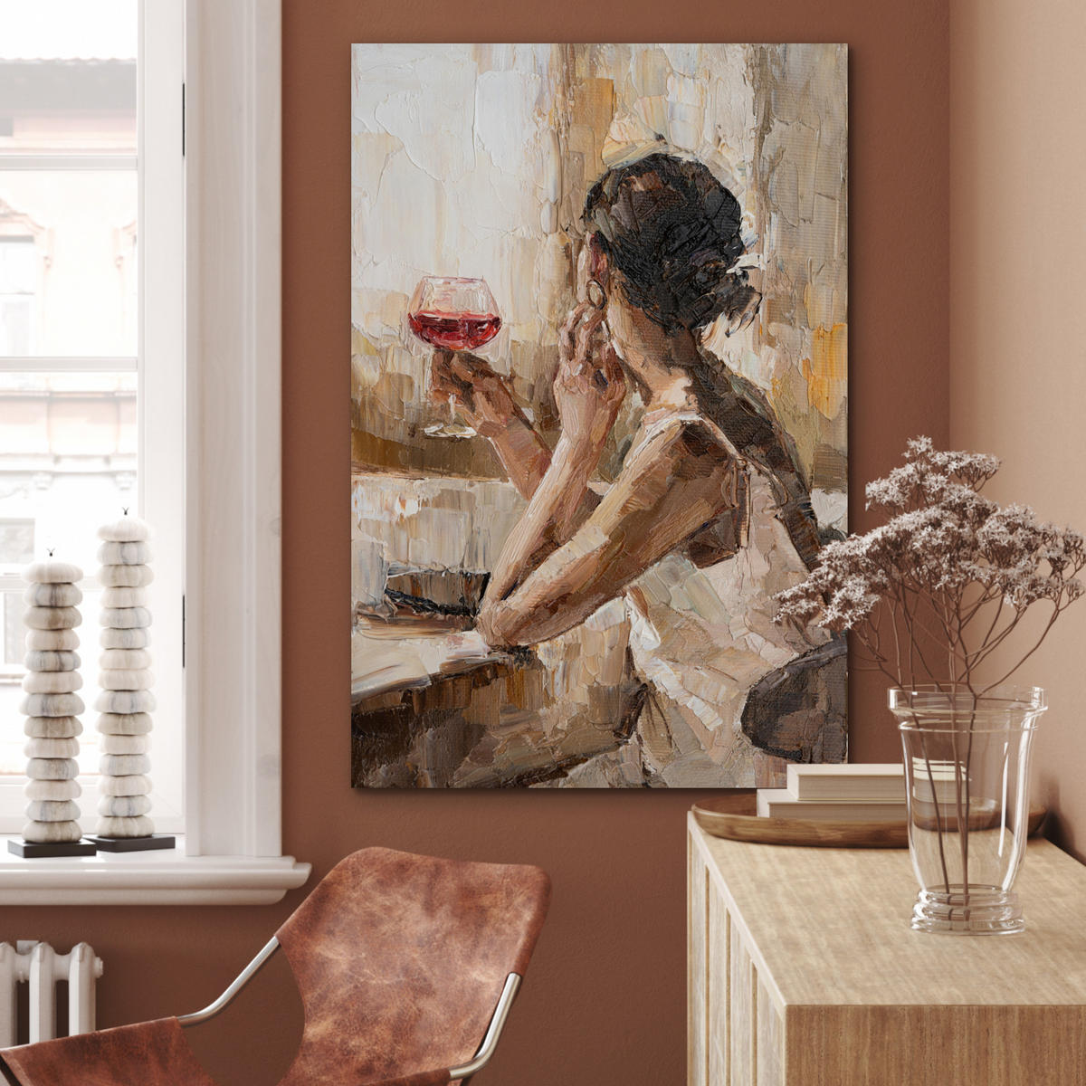 METALLBILD Ölgemälde - Frau - Wein 60x90 cm - Hellbraun, Metall (60/90cm) - MuchoWow