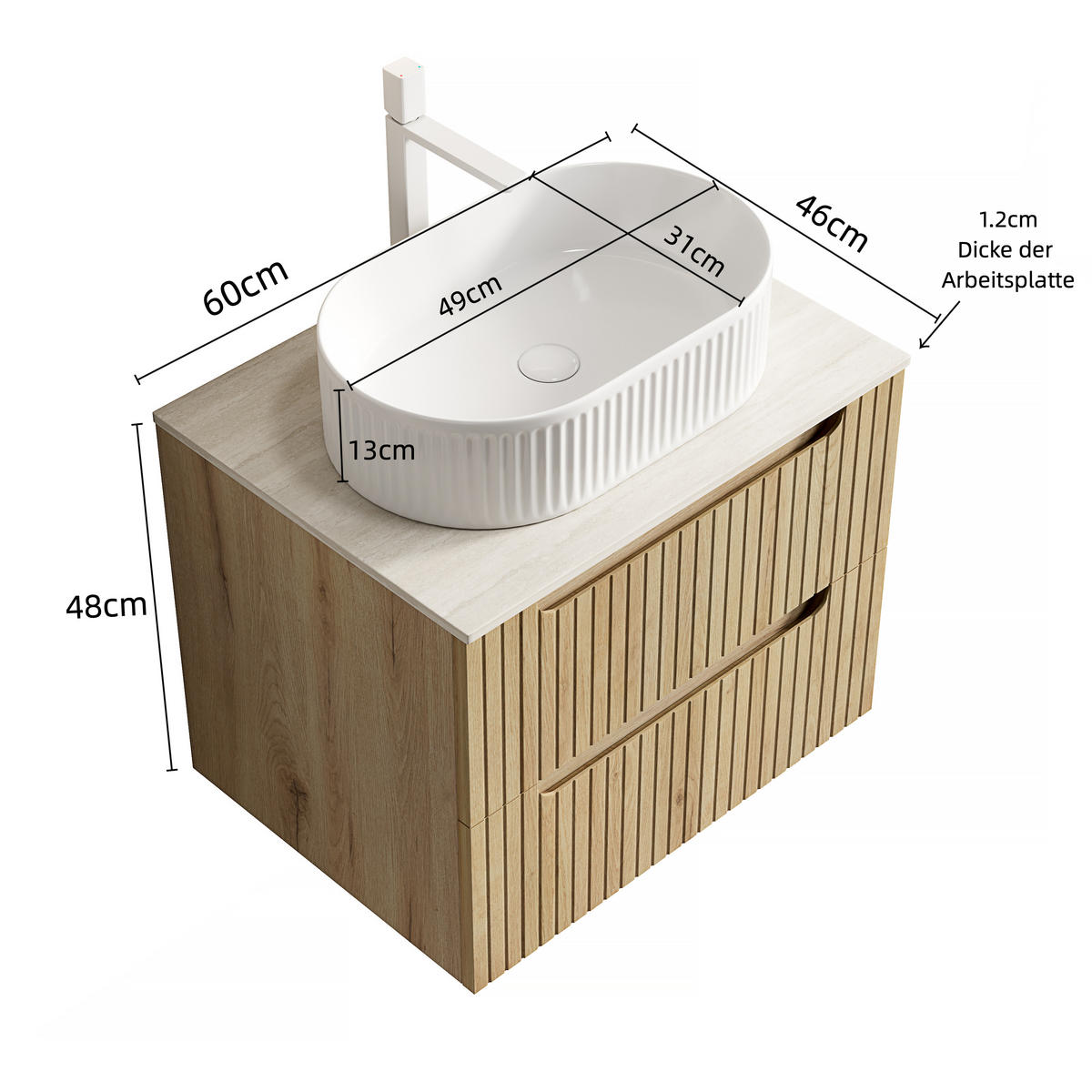 WASCHTISCHUNTERSCHRANK 60x46x62.2cm Weiß/Weißeiche mit ovalem Keramikbecken & 2 Schubladen - Eichefarben, Keramik (60/62.2/46cm) - Modfu