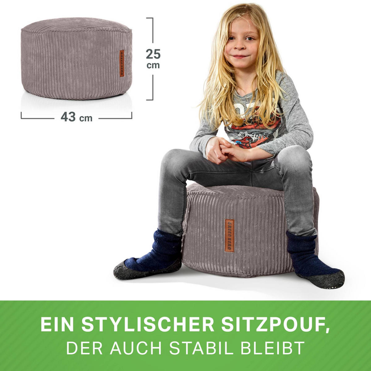 SITZSACK-HOCKER Pouf "Cord" 45x25cm - Grau, Textil (45/25/45cm) - Green Bean