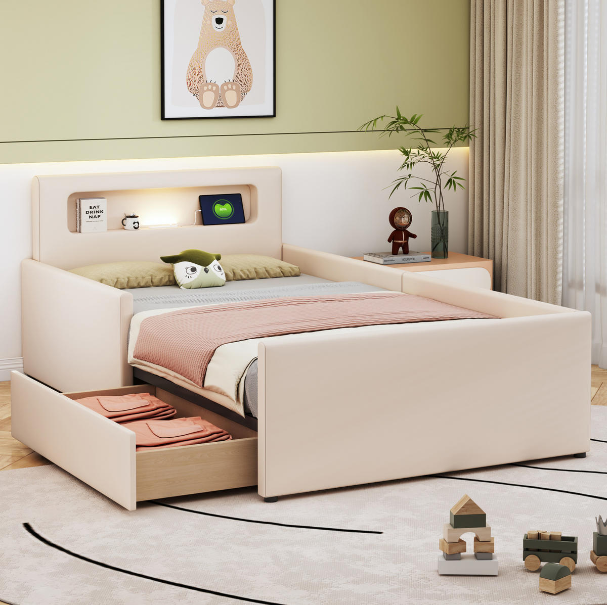 KINDERBETT 90/200 cm Beige aus Kunstleder mit Nachtlicht, USB-Anschluss und Schubladen - Beige, Textil (90/200cm) - OKMYHOME