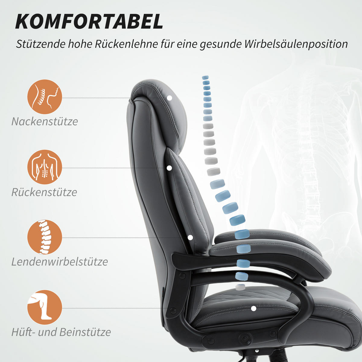 CHEFSESSEL aus PU-Leder Anthrazitgrau - Anthrazit, Leder (68/123/71cm) - HOMCOM