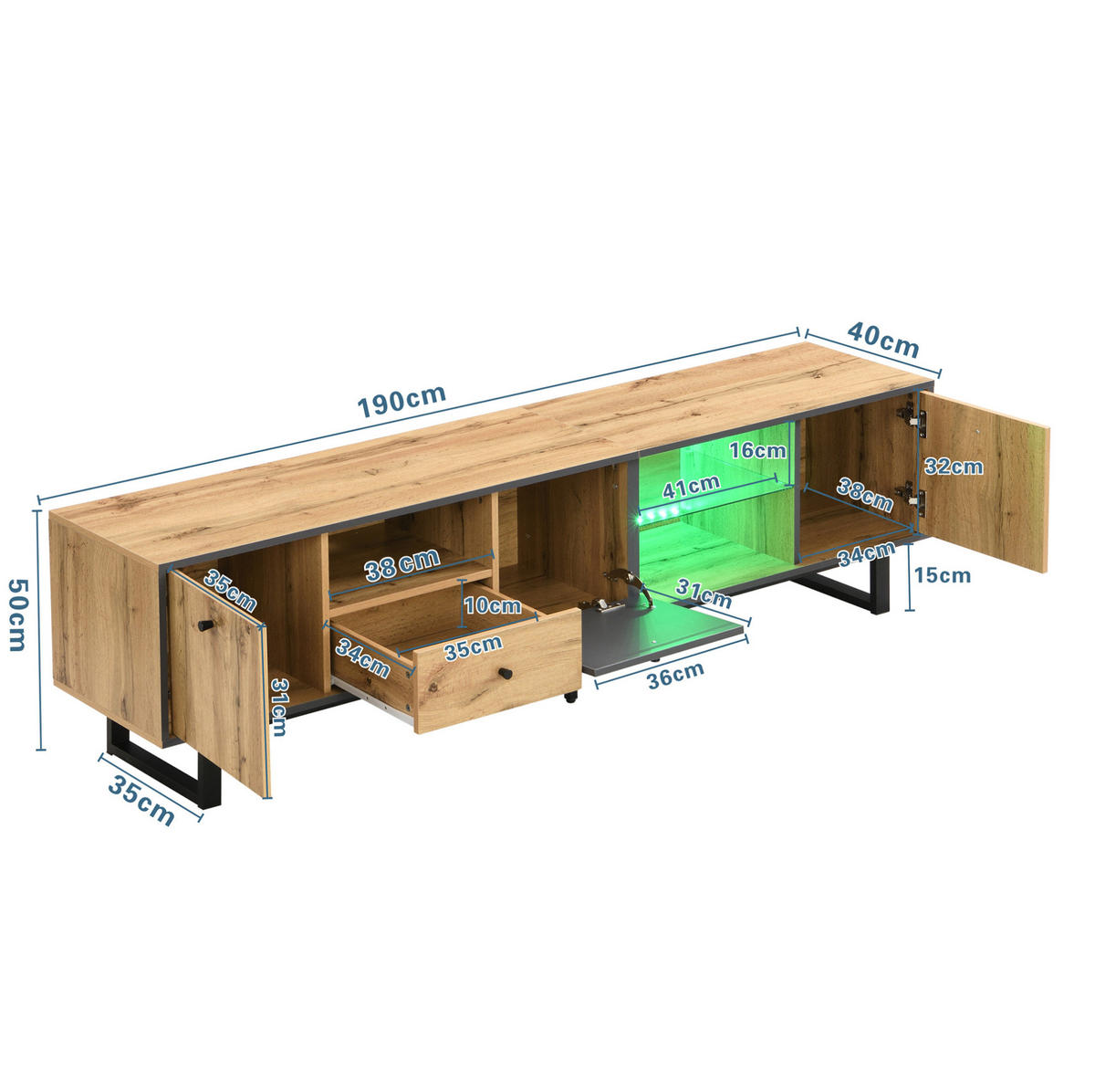LOWBOARD 190/40/50 cm aus Spanplatte mit LED-Beleuchtung Naturfarben/Anthrazit - Naturfarben, Holzwerkstoff (190/50/40cm) - Modenvie